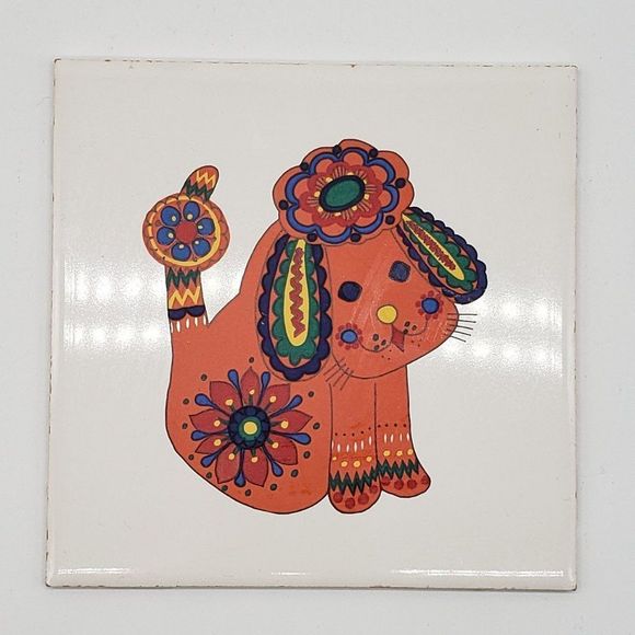 AK Kaiser Vintage German 1970s Colourful Dog Design Porcelain Tile or Trivet - Picture 6 of 10